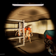 A player aims a gun and flashlight at a group of zombie-like enemies with red glowing eyes.